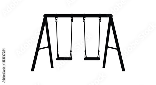 A simple depiction of a playground swing set with three swings presented as a silhouette