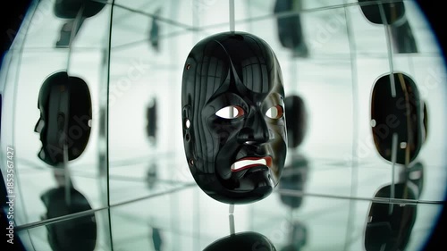 Reflective Black Mask: An Eerie Dance of Shadows and Light within Mirrored Dimensions