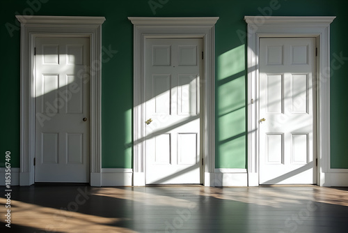 Three White Closed Doors on Green Wall with Sunlight Shadows Concept of Choice


