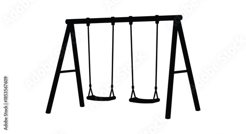 a black and white illustration depicting an empty swing set against a plain backdrop silhouette