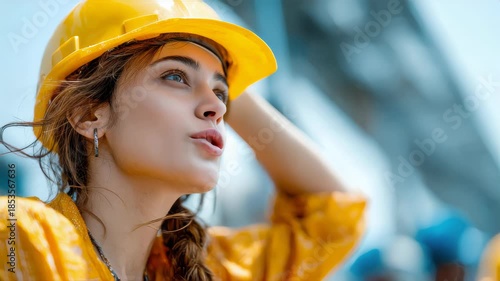 Confident female engineer wearing yellow safety helmet at industrial site, professional portrait with shallow depth of field and modern construction background