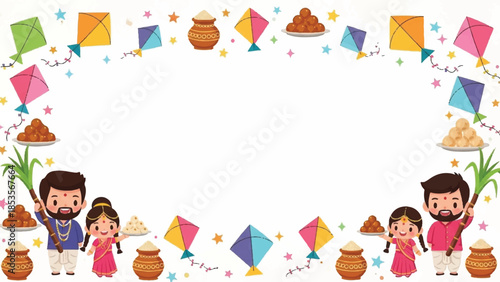 Makar Sankranti festival border. Indian harvest celebration frame. Colorful kites and people. Traditional sweets and decorations. Vector illustration for holiday greeting card. Cultural