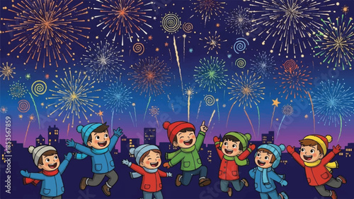 Happy New Year celebration. Cartoon children dancing. Fireworks display at night. Winter holiday scene. Vector illustration of kids party. New Year's Eve fun. Colorful festive background.