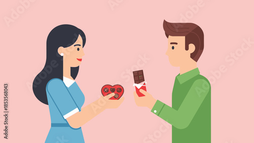 Couple sharing chocolate on pink background, gift exchange, love and romance concept