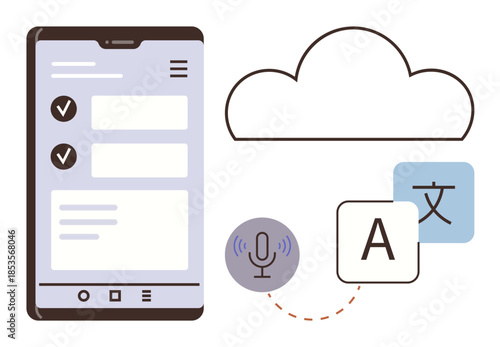 Smartphone interface with checklists, cloud, microphone, and language icons. Ideal for AI, language education, global communication, translation services, speech recognition app development