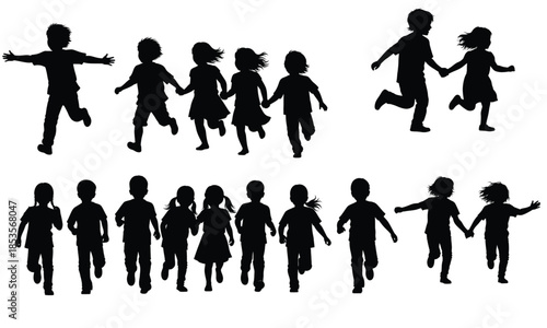 Black Silhouette Collection of Happy Children Running and Playing - Group of Kids Holding Hands Vector Illustration for School and Family Concepts