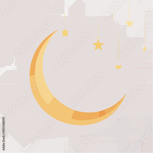 A golden crescent moon shines brightly in the night sky surrounded by stars