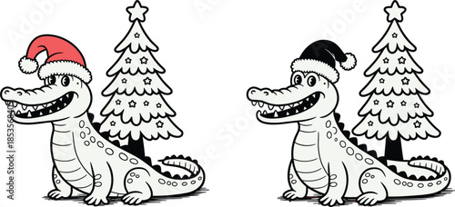 Cute Christmas crocodile character set, featuring cartoon alligator wearing Santa hat next to decorated tree