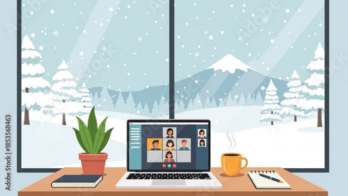 Remote worker on laptop with video call on snowy mountain background, winter scenery, coffee and plant on desk, online meeting, telecommuting