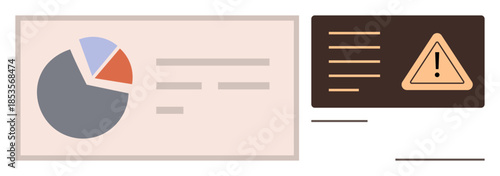 Dashboard with a pie chart, data metrics, and warning alert panel. Ideal for data management, analysis, monitoring, reporting, decision-making risk assessment and notifications. Simple flat