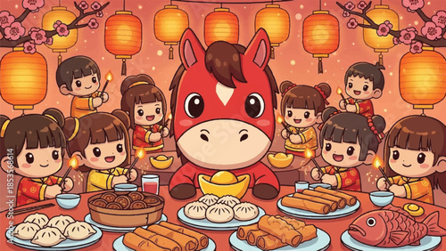 Chinese New Year celebration scene. Cartoon ox mascot with children. Traditional food and lanterns. Vector illustration for holiday greeting card, background, website and social media