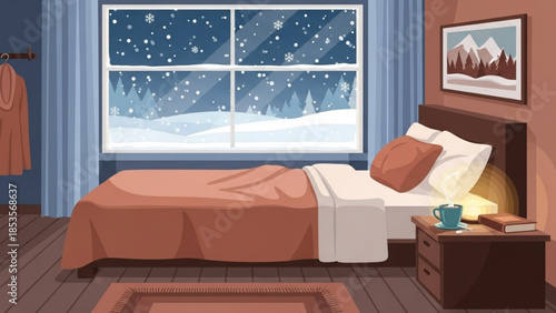 Cozy bedroom with single bed, winter scene outside window, snow falling gently, warm lighting, peaceful atmosphere, inviting decor, rustic wooden