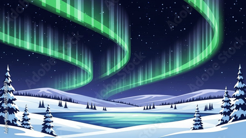 Vibrant green aurora borealis swirls above snow covered landscape with frozen lake and coniferous trees under starry night sky