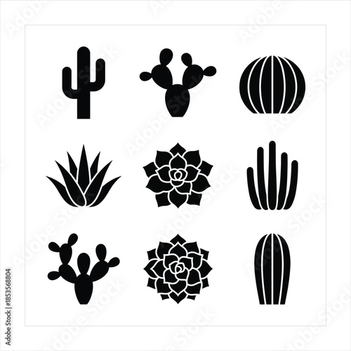 Botanical cactus and succulent silhouette icons for modern design