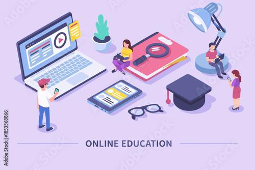 Online education concept banner with characters. Can use for web banner, infographics, hero images. Flat isometric vector illustration isolated on white background.