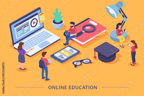 Online education concept banner with characters. Can use for web banner, infographics, hero images. Flat isometric vector illustration isolated on white background.