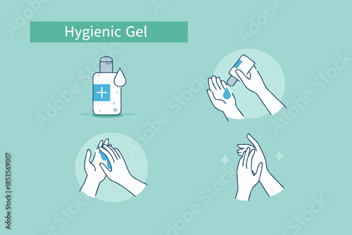 Infographic Steps How to Use Hygienic Gel for Hands Properly. Cleaning Hands with Antiseptic Product. Prevention against Virus, Germs and Infection. Hygiene Concept. Flat Cartoon Vector Illustration.