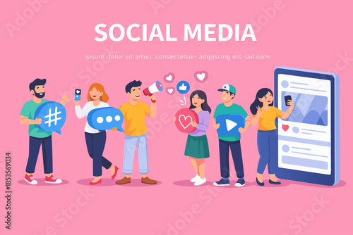 Social media referral marketing concept with characters. Flat isometric vector illustration isolated on white background.

