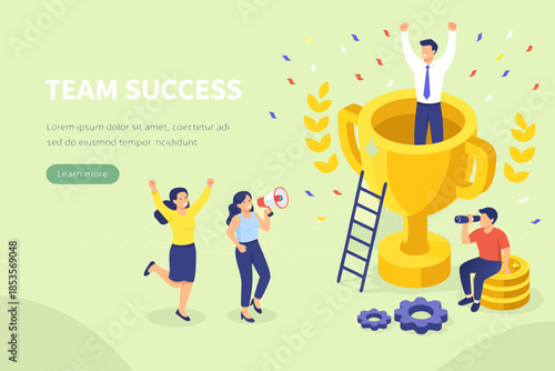 Success concept banner. Can use for web banner, infographics, hero images. Flat isometric vector illustration isolated on white background.