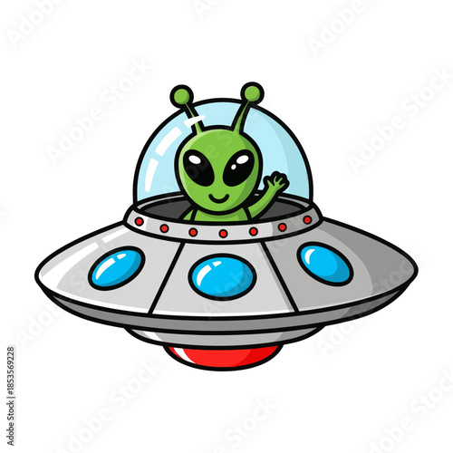 Cute green alien in a futuristic spaceship with a transparent dome design