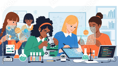 Diverse girls in science lab, exploring technology and education, STEM learning