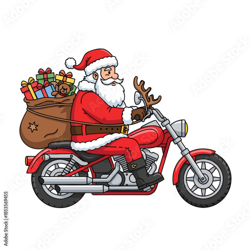 Festive Santa Claus Riding a Motorcycle with a Big Reindeer Sack Filled with Gifts for Christmas