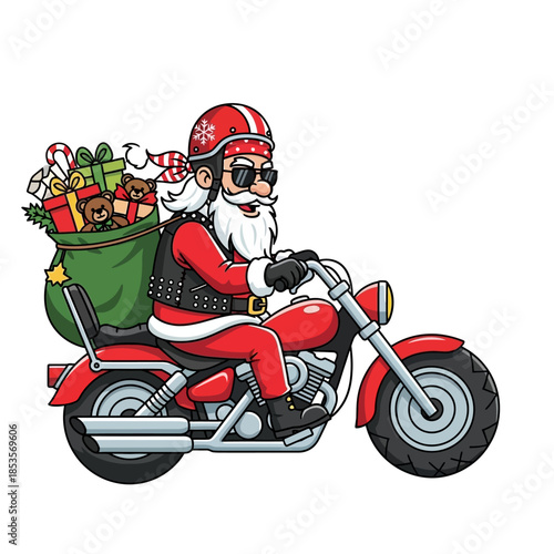 Festive Santa Claus Riding a Motorcycle Carrying Holiday Gifts and Decorations