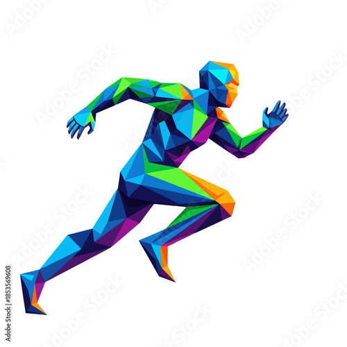 Vibrant Low-Poly Illustration of a Running Athlete Emphasizing Motion and Energy