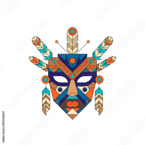 Stylized geometric tribal mask with feathers and vibrant colors representing cultural artistry and
