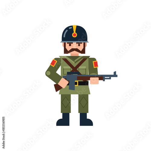 Stylized cartoon soldier with helmet holding rifle in military uniform illustration