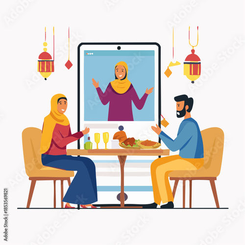 Couple having a meal together while video calling with a woman on a large screen display
