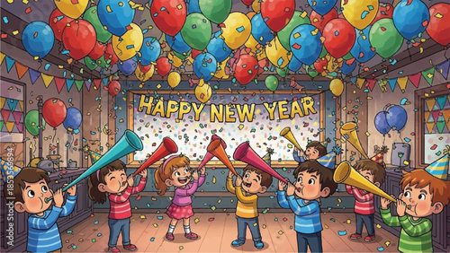 Happy New Year celebration scene. Cartoon children with party horns. Colorful balloons and confetti. New Year's Eve party background. Vector illustration for holiday greeting card.
