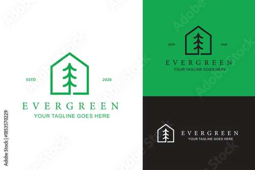 evergreen house line art logo design vector illustration
