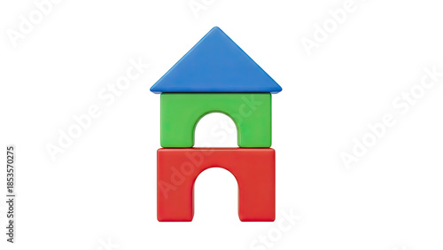 Colorful Toy Blocks Stacked in a House Shape on White Background