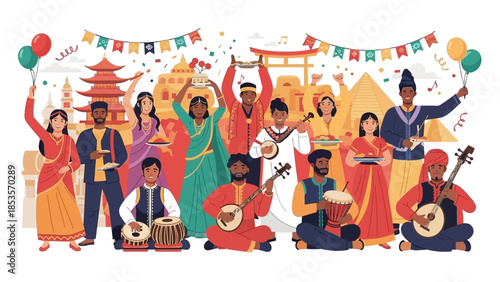 Diverse People Celebrating World Culture with Music, Food, and Landmarks
