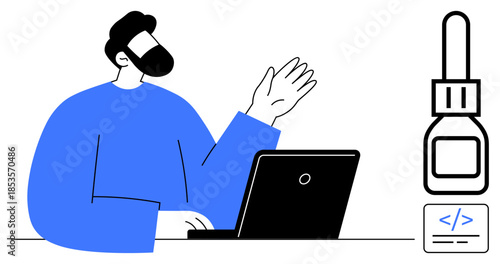 Technology, programming, software development, coding, IT training, computer literacy. A man gesturing while working on a laptop with coding and development icons. Programming and software