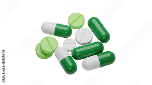 Green and White Pharmaceutical Capsules and Pills on White Background