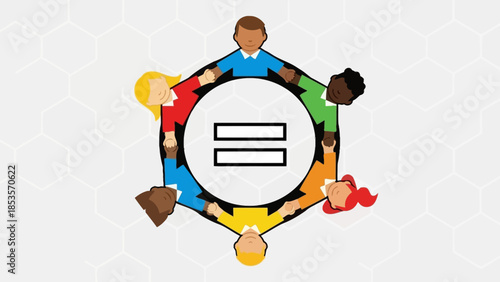 Diverse people holding hands in circle with equality symbol, unity and inclusion concept
