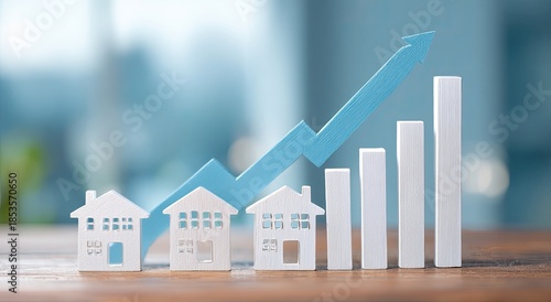 Miniature houses depict rising property values with a growth chart