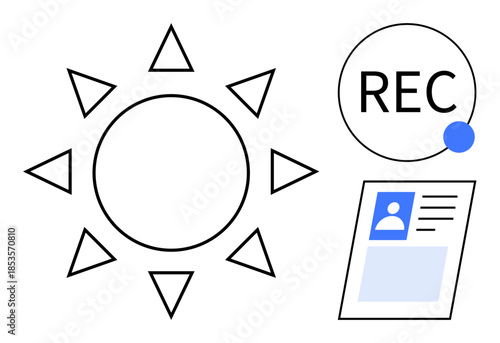 Recording concept. Recording ed through a highlighted circle and REC text. Recording is linked to ID and visibility in various systems. Ideal for media, technology, documentation, authentication