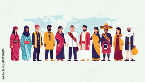 Diverse People in Traditional Clothing Standing Together World Map Background