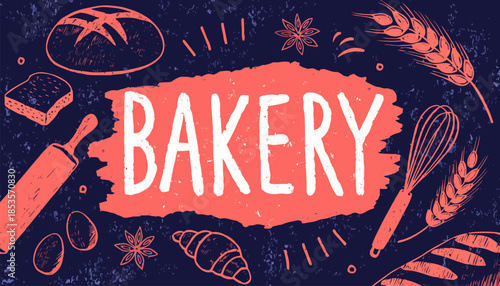 Artisan Bakery Illustration with Hand-Drawn Tools, Whisk, Rolling Pin, and Flour, Vintage Style Vector Sketch for Cooking and Baking Backgrounds