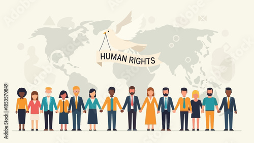 Diverse People Holding Hands Under Dove with Human Rights Banner and World Map Background