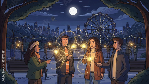 Group of friends with glowing sparklers. People standing in an amusement park at night. Moonlit scene with ferris wheel. Vector illustration of young adults having fun. Nighttime fairground
