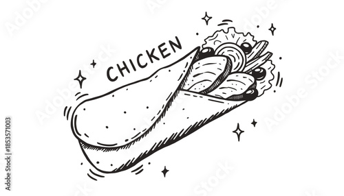 Black Line Chicken Wrap Doodle Vector on White Background, Minimalist Hand-Drawn Street Food Illustration for Menu Icons and Fast Food Graphics