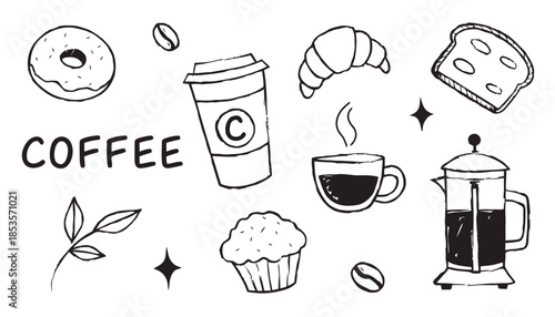 Black Line Coffee and Bakery Doodle Vector on White Background, Minimalist Hand-Drawn Icons for Coffee Shop Menus, Cafes, and Pastry Shops