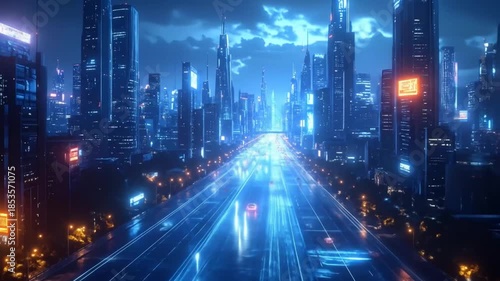 Wallpaper Mural Futuristic Cityscape at Night with Glowing Highway Traffic Torontodigital.ca