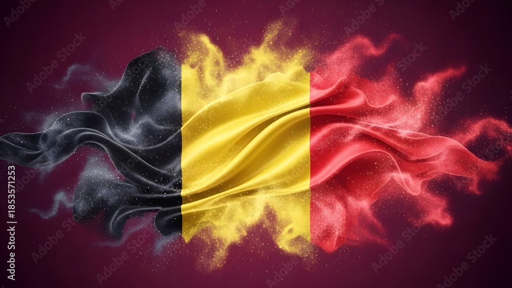 Fototapeta premium Artistic Belgium flag with smoke and particle effects. National strength and patriotic identity. Abstract Belgian flag colors flowing with energy and grit on a dark background