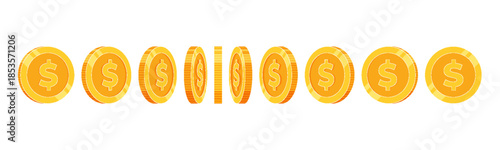 Gold coin icons with dollar symbol shown in different rotation angles. Flat vector illustration set isolated on white background for business, finance, banking, and payment concepts.