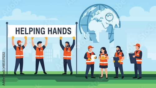 Diverse Team Holding Helping Hands Banner with Globe and Cityscape Background